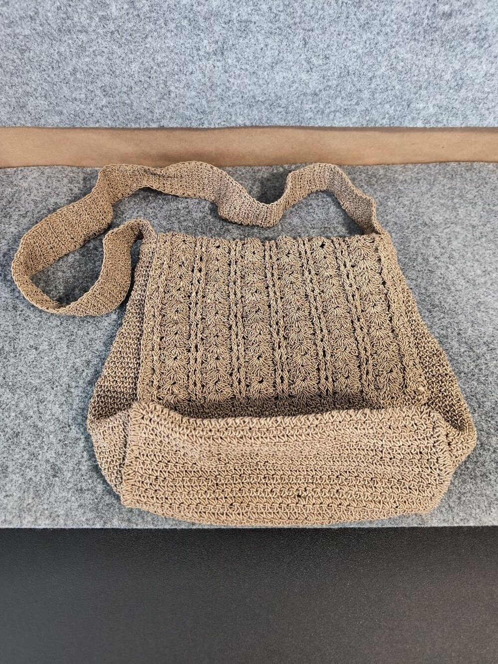 Vintage Crocheted Woven Tan Shoulder Bag Boho Purse Zip Top Lined